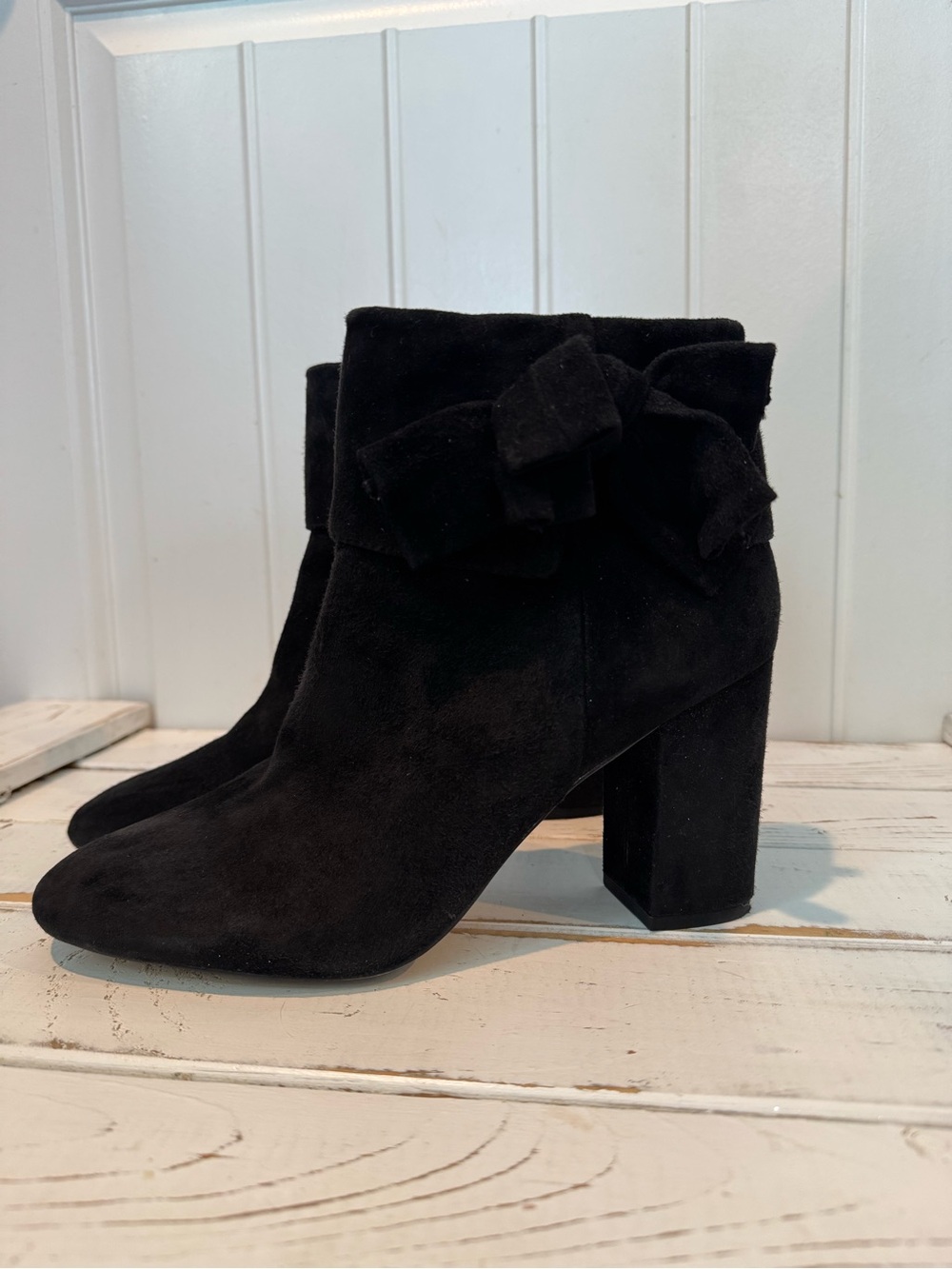 kate spade Black Suede Bow Trim Block Heel Ankle Boots